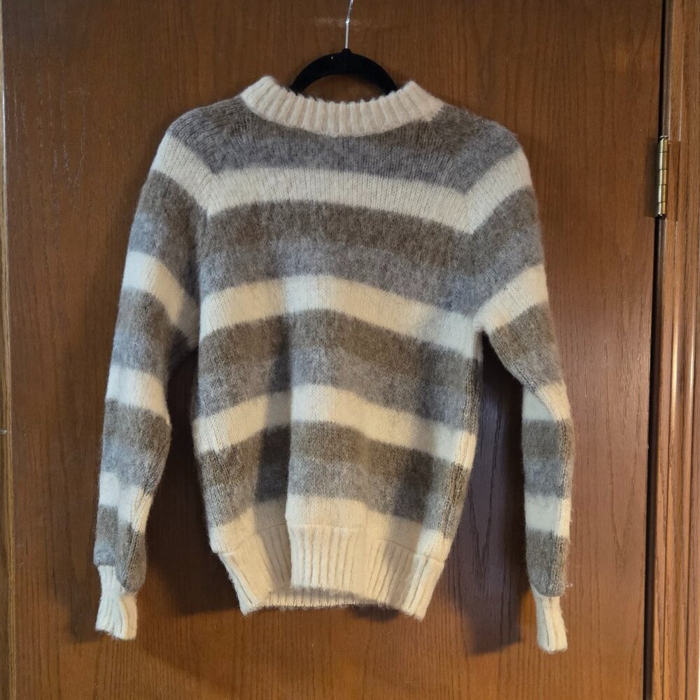 Vintage Ice Knit- Made in Iceland- Cream and Brown Striped Wool Sweater-  Medium